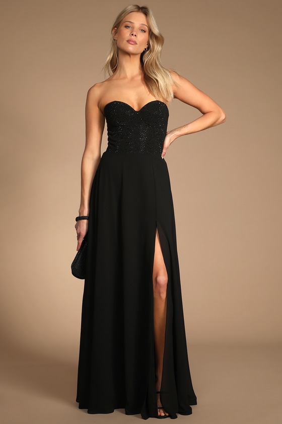 Lulus | Stunned by You Black Rhinestone Mermaid Maxi Dress | Size X-Large | 100% Polyester