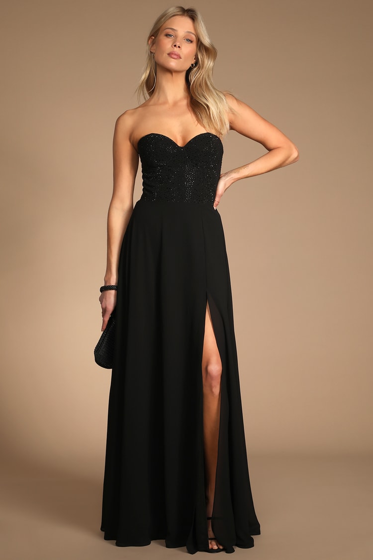 Black Rhinestone Strapless Maxi Dress | Womens | Large (Available in M) | 100% Polyester | Lulus