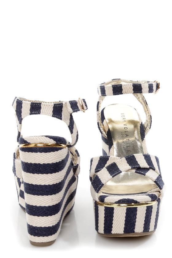 Very Volatile Nauttie Navy Blue Striped Platform Wedge Sandals 69.00