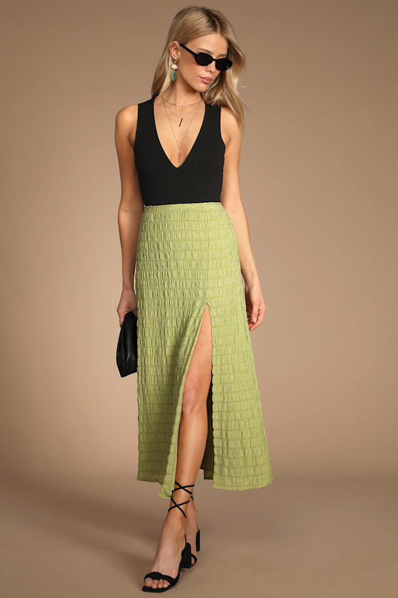 Twisted Front Green Geometric Green Midi Skirt with Front Slit