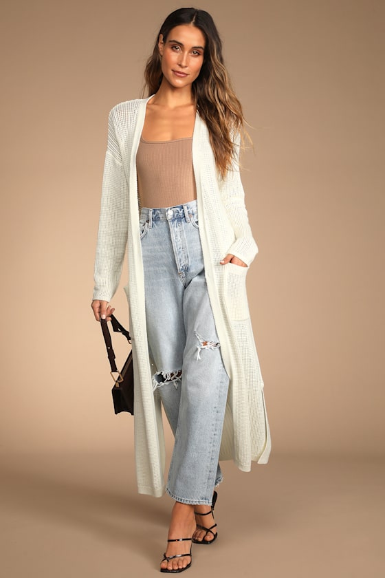 Change of Weather Ivory Loose Knit Long Cardigan Sweater 2