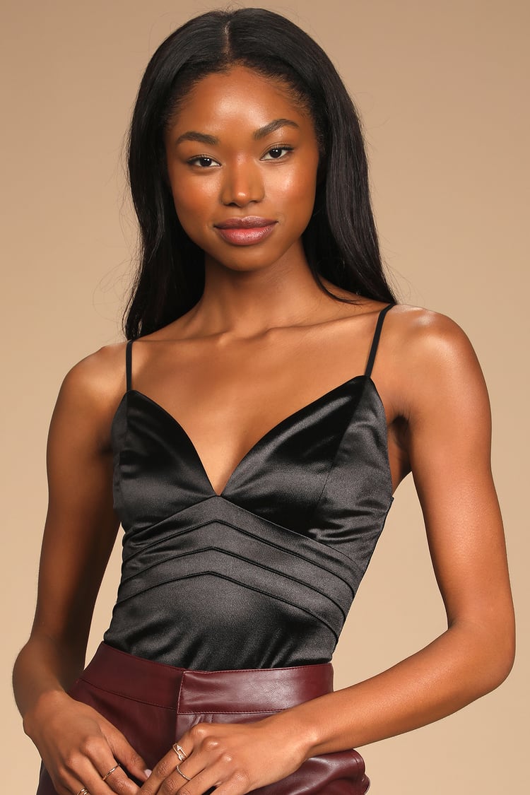 Black Satin Bodysuit - Sleeveless Bodysuit - V-Neck Bodysuit - Lulus