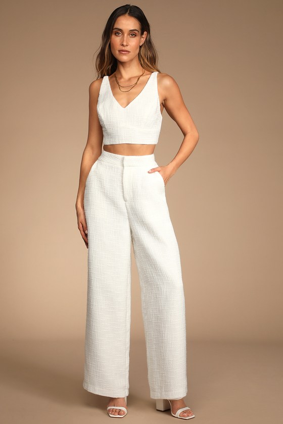 D​rauuing Beige Two Piece Pants Sets Women Outfit Silk Pleated Texture  Sleeveless Top Wide Leg Pants Set Summer Matching Sets - AliExpress