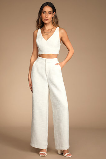Chic and Sophisticated Ivory Tweed Wide-Leg Pants 2