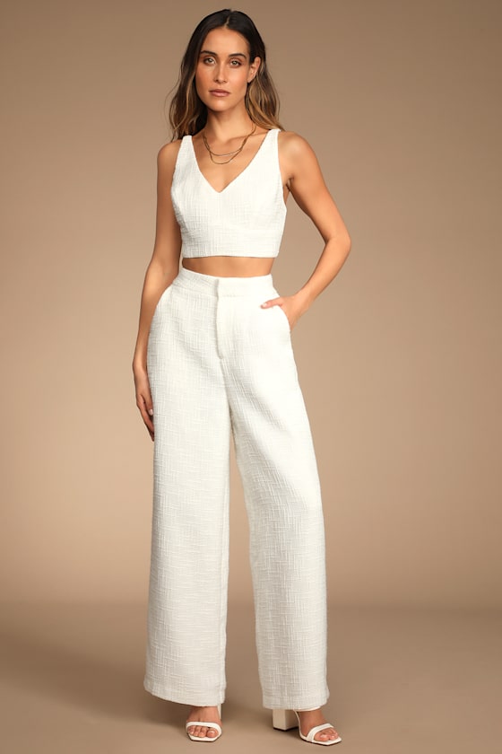Chic and Sophisticated Ivory Tweed Wide-Leg Pants 2