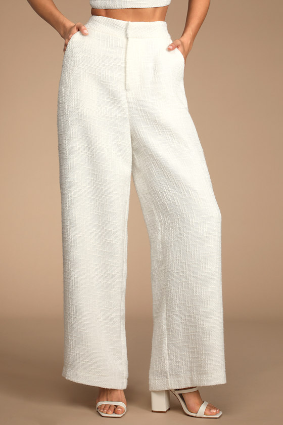 Chic and Sophisticated Ivory Tweed Wide-Leg Pants 3