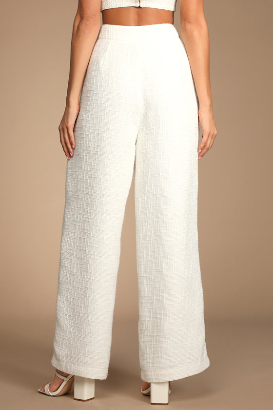 Chic and Sophisticated Ivory Tweed Wide-Leg Pants - thumbnail 4