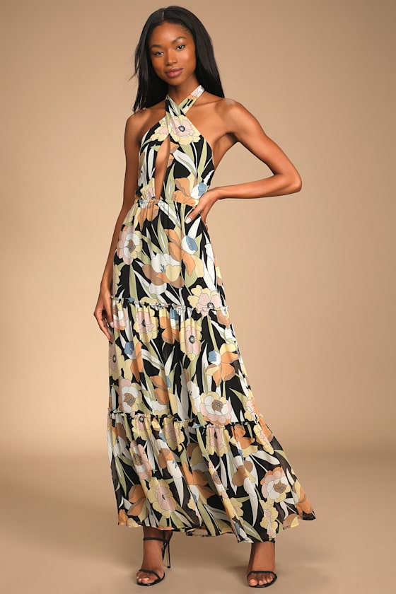 In Vacay Mode Black Floral Print Halter Tiered Maxi Dress 6