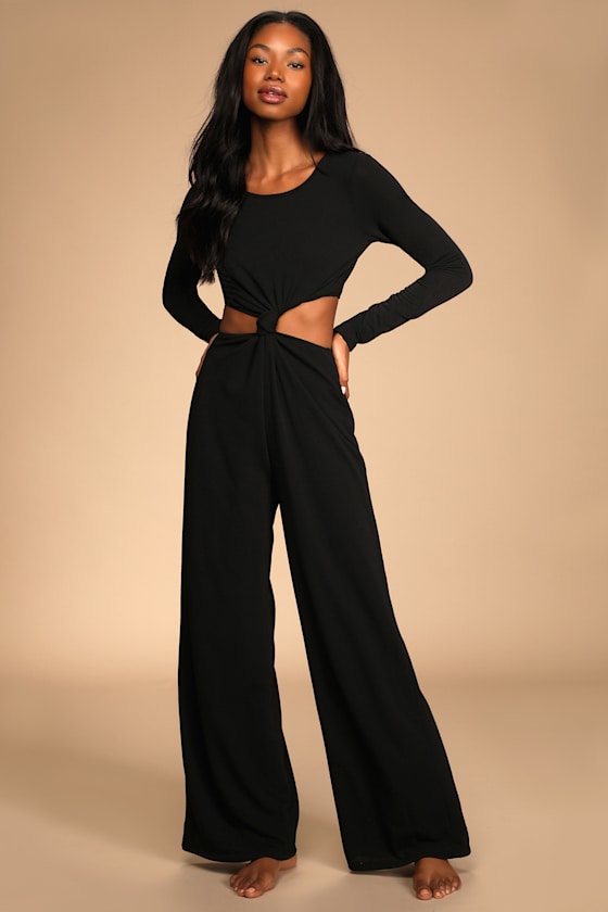 Chose to Chill Black Long Sleeve Cutout Wide-Leg Jumpsuit 4