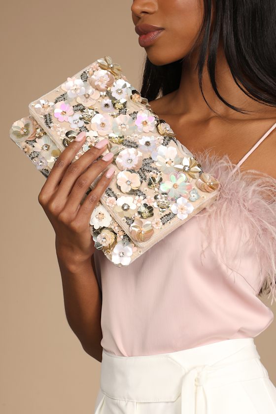 Garden of Glam Beige Velvet Floral Sequin Clutch 1