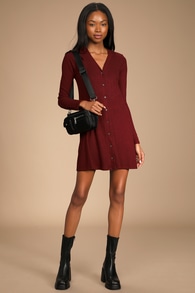 Sweet Comfort Burgundy Button-Front Sweater Dress