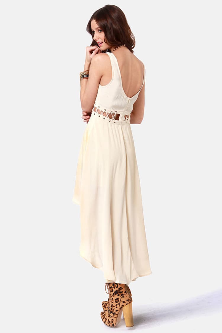 cream colored high low dress Ladies - Light Beige/Floral Mesh High-Low Dress - Size: L