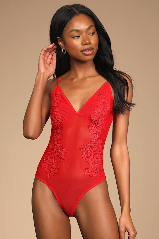 Love Me Harder Red Embroidered Sheer Mesh Bodysuit 2