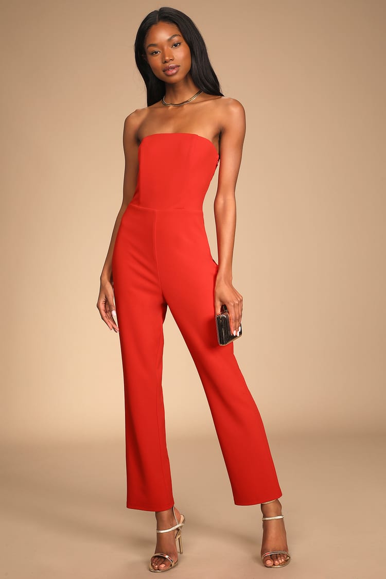 Special Evening Red Strapless Cutout Straight Leg Jumpsuit