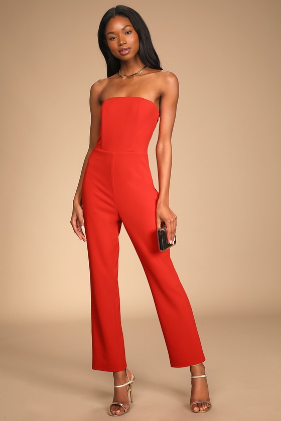 Red Strapless Jumpsuit - Cutout Jumpsuit - Straight Jumpsuit - Lulus