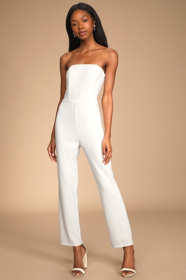 Special Evening White Strapless Cutout Straight Leg Jumpsuit
