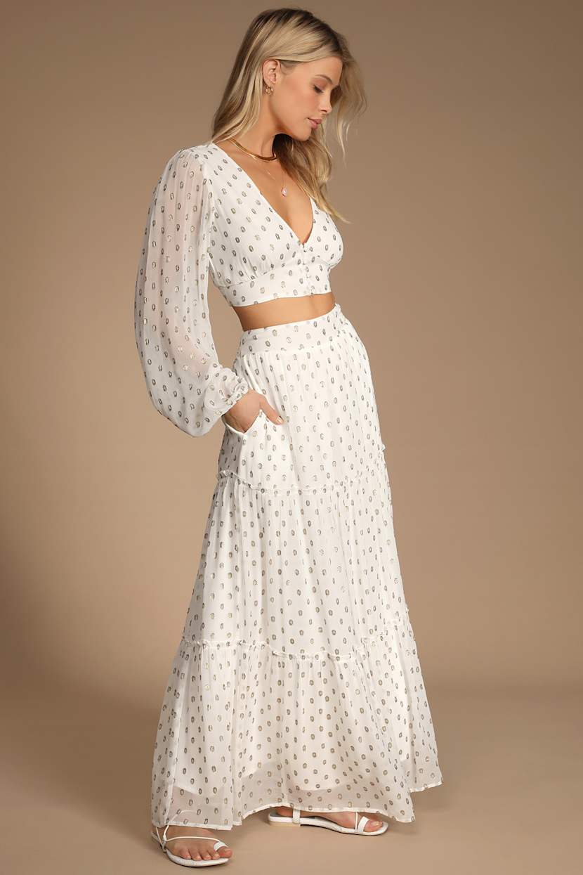White and Gold Dress - Two-Piece Dress - Long Sleeve Maxi Dress - Lulus