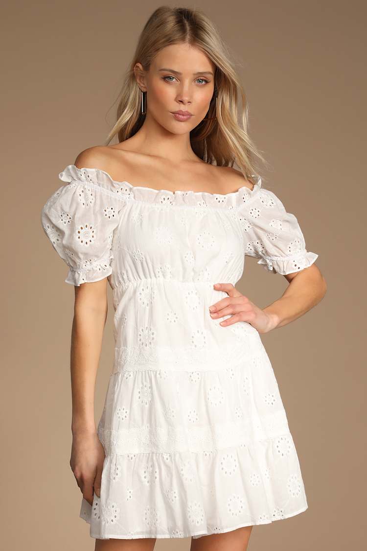 White Mini Dress - Eyelet Embroidered Dress - Tiered OTS Dress - Lulus White Mini Dress - Eyelet Embroidered Dress - Tiered OTS Dress - Lulus