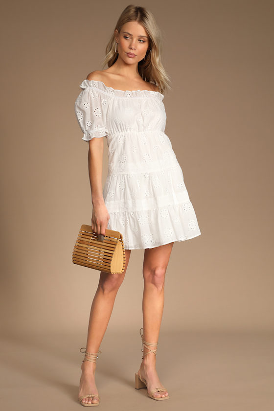 Dreaming of Sunshine White Eyelet Off-the-Shoulder Mini Dress 4