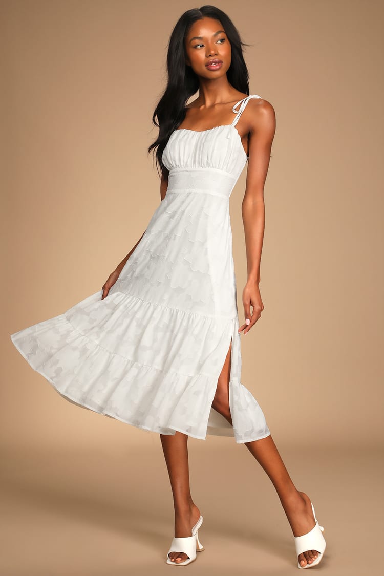 Sweet Sentiments White Jacquard Tiered Midi Dress