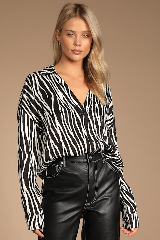 Black Zebra Print Top Long Sleeve Top ButtonUp Top Lulus
