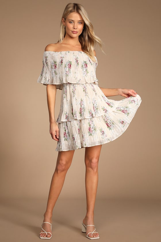 Tea for Two Beige Floral Eyelet Tiered Off-the-Shoulder Dress 4