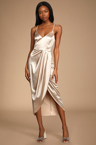 Champagne Midi Dress Satin Dress Tulip Dress Midi Dress Lulus