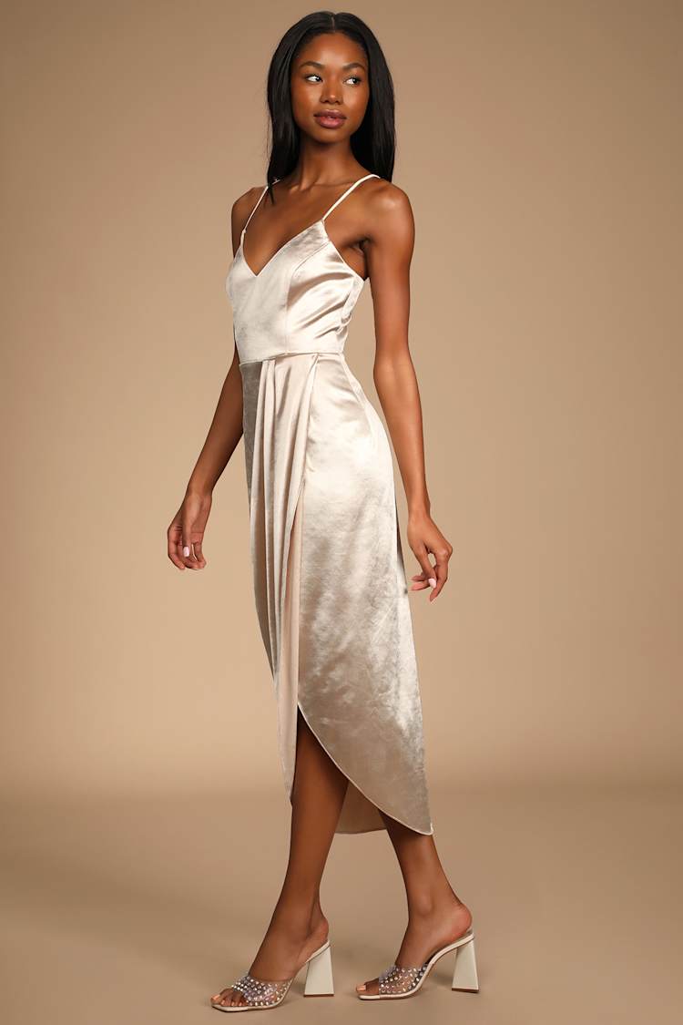 knee length dresses for ladies Chateau Red Crepe Back Satin Midi Dress With Flutter Sleeves main image 1