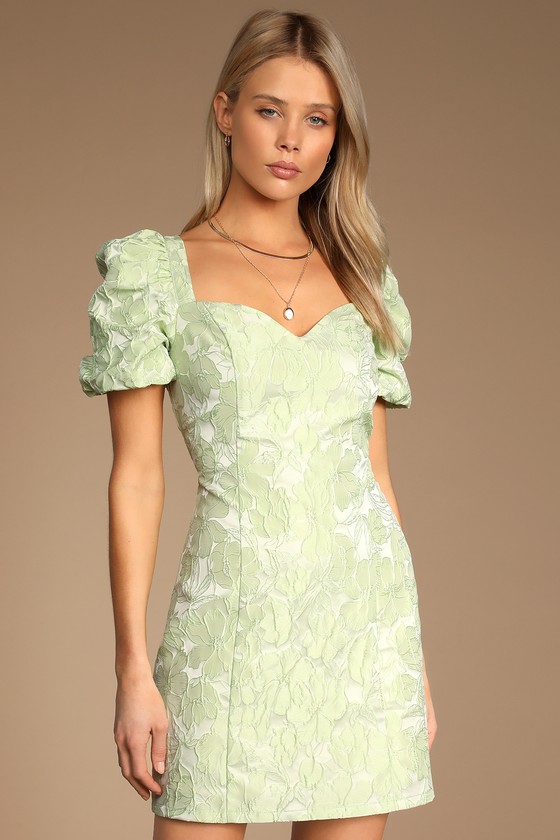 Beyond Amazing Light Green Floral Jacquard Puff Sleeve Dress