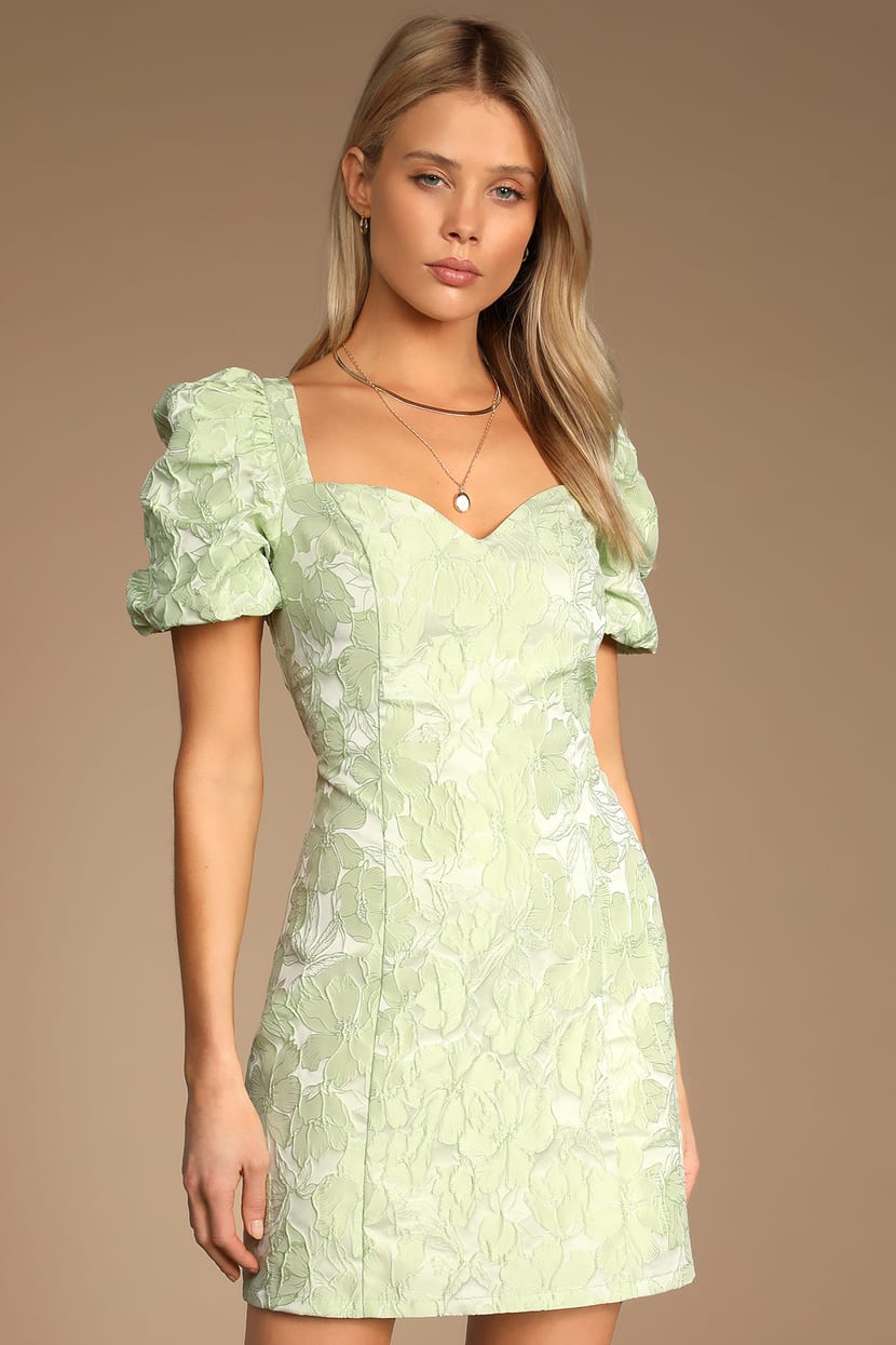 Green Mini Dress - Floral Jacquard Dress - Puff Sleeve Dress - Lulus