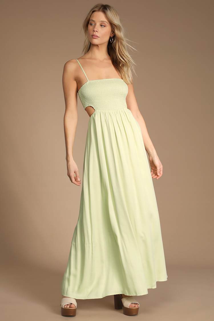 Sweetest Blossoms Light Green Smocked Cutout Maxi Dress