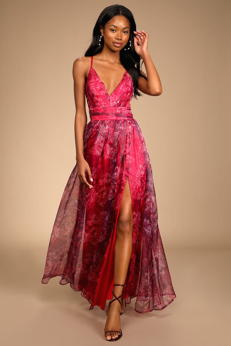 Magenta Floral Print Dress - Organza Maxi Gown - Plunge Dress - Lulus