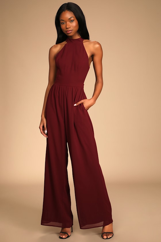 Perfectly Elegant Burgundy Halter Backless Wide-Leg Jumpsuit 4