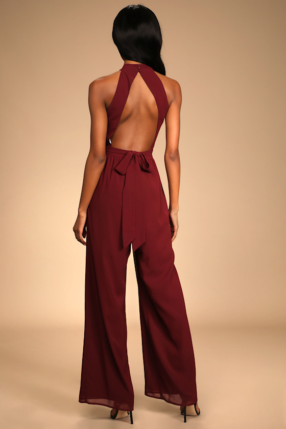 Perfectly Elegant Burgundy Halter Backless Wide-Leg Jumpsuit 2