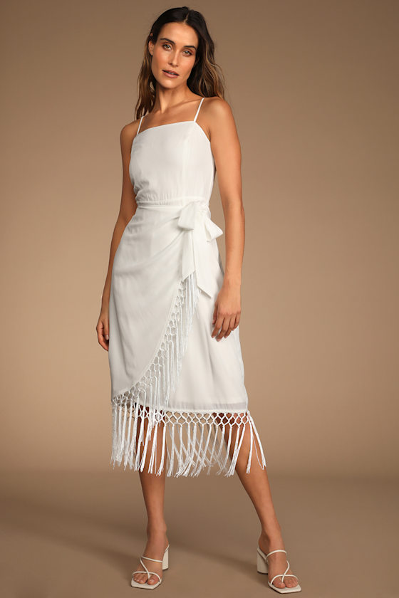 Beginning of Bliss White Faux-Wrap Fringe Midi Dress 4