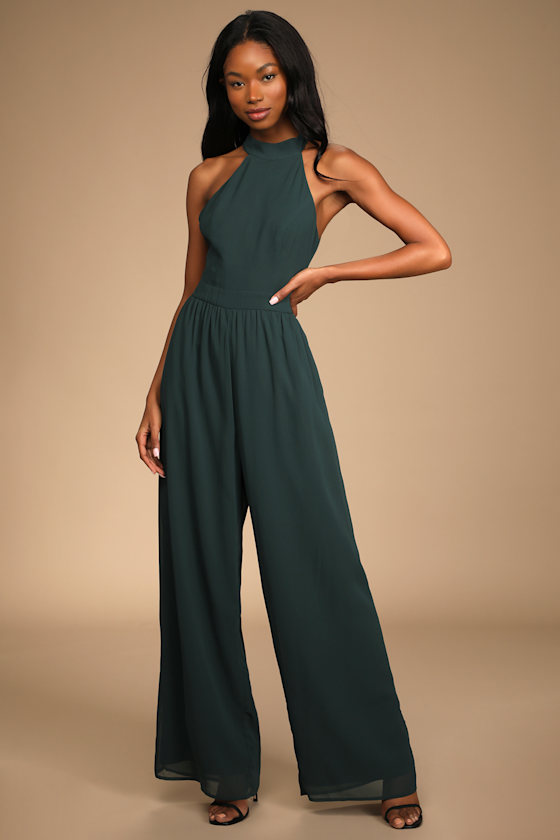 Perfectly Elegant Emerald Halter Backless Wide-Leg Jumpsuit 3