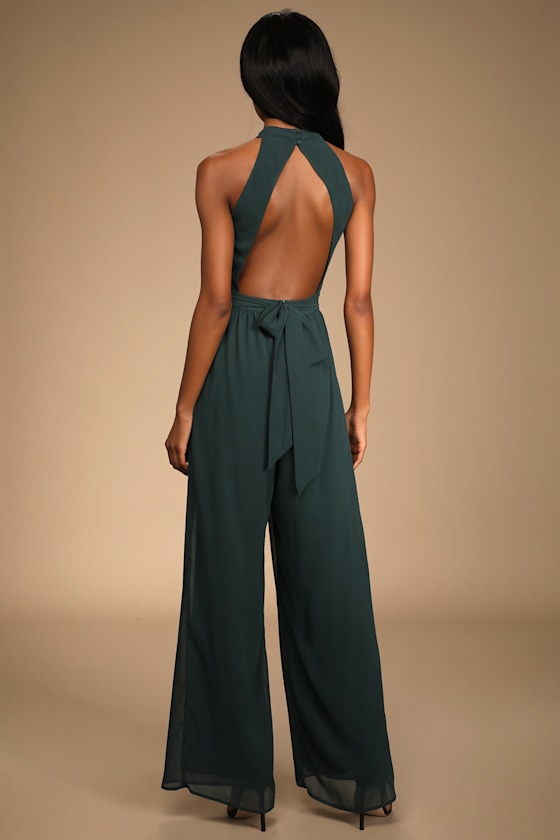 Perfectly Elegant Emerald Halter Backless Wide-Leg Jumpsuit 1