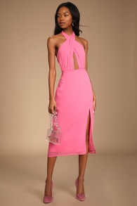 Flirty Chic Bright Pink Cutout Twist-Front Halter Midi Dress