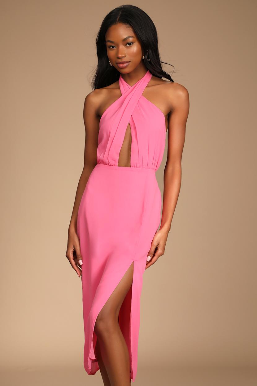 Flirty Chic Bright Pink Cutout Twist-Front Halter Midi Dress