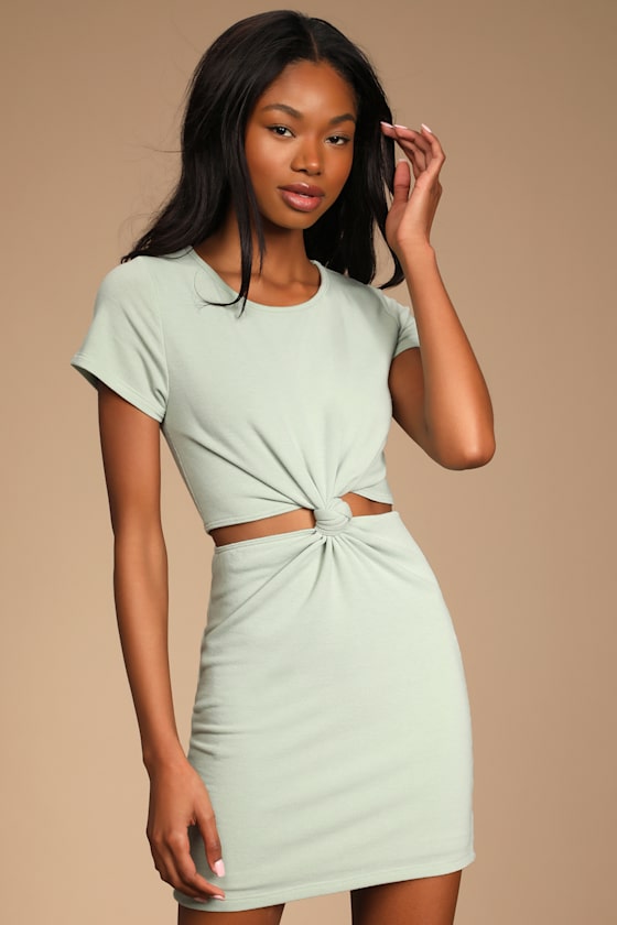 Knotty but Nice Light Sage Green Knotted Cutout T-Shirt Dress 3