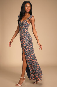 The Way to Love Navy Blue Floral Print Ruffled Maxi Dress