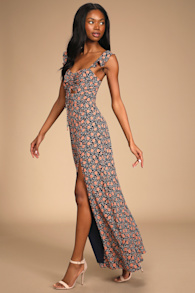 The Way to Love Navy Blue Floral Print Ruffled Maxi Dress 4