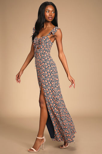 The Way to Love Navy Blue Floral Print Ruffled Maxi Dress 4