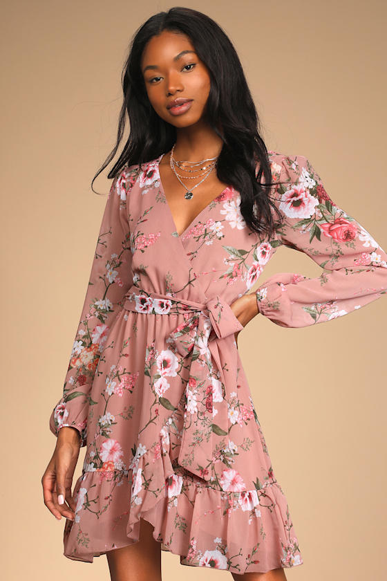 Mauve Floral Dress Long Sleeve Mini Dress FauxWrap Dress Lulus