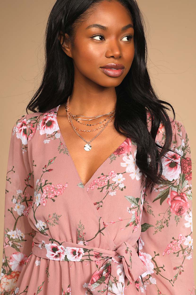 Mauve Floral Dress - Long Sleeve Mini Dress - Faux-Wrap Dress - Lulus