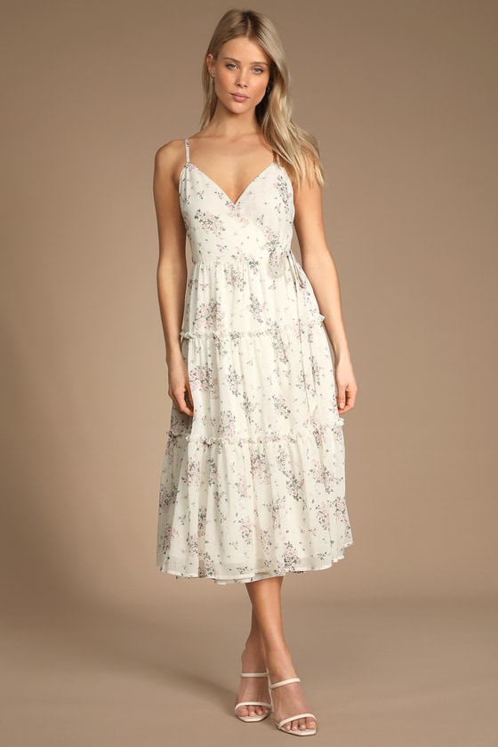 Ivory Floral Print Dress - Midi Wrap Dress - Tiered Midi Dress - Lulus