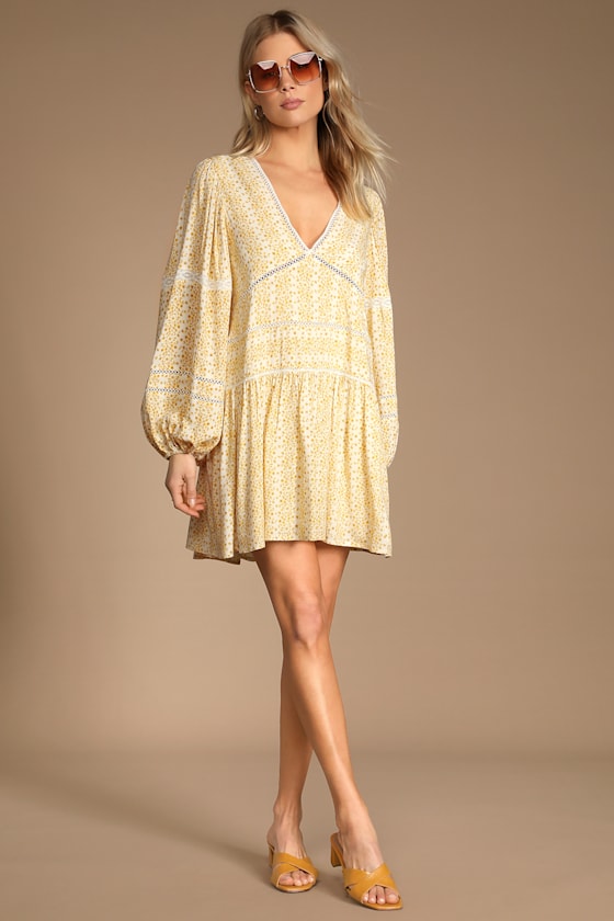 Era of Style Yellow Floral Print Long Sleeve Babydoll Mini Dress 4