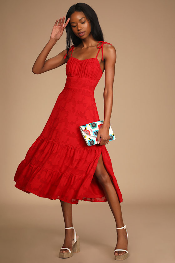 Sweet Sentiments Red Jacquard Tiered Midi Dress 5
