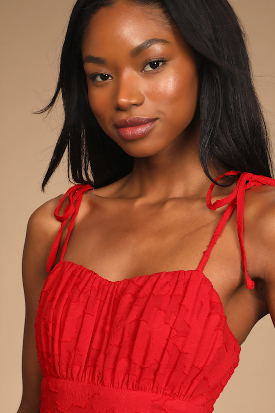 Red Midi Dress - Jacquard Dress - Tie-Strap Dress - Tiered