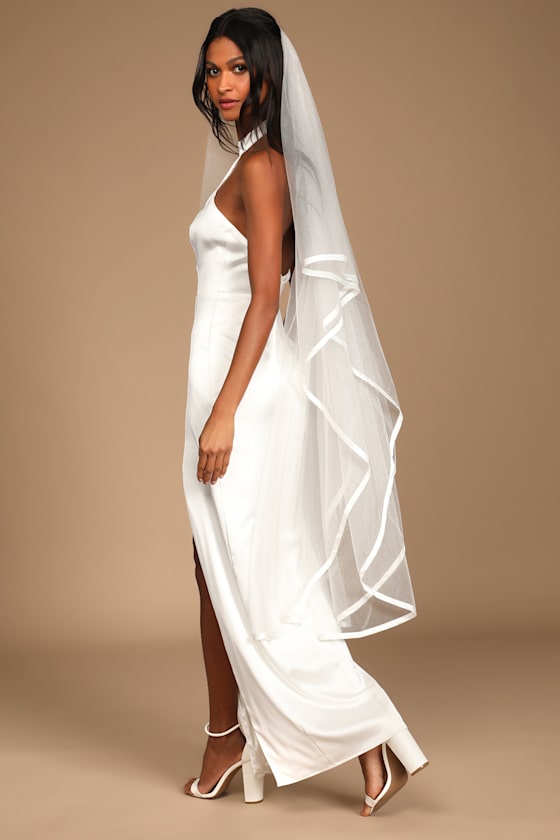 Beautiful Bride White Mesh and Satin Bridal Veil 1